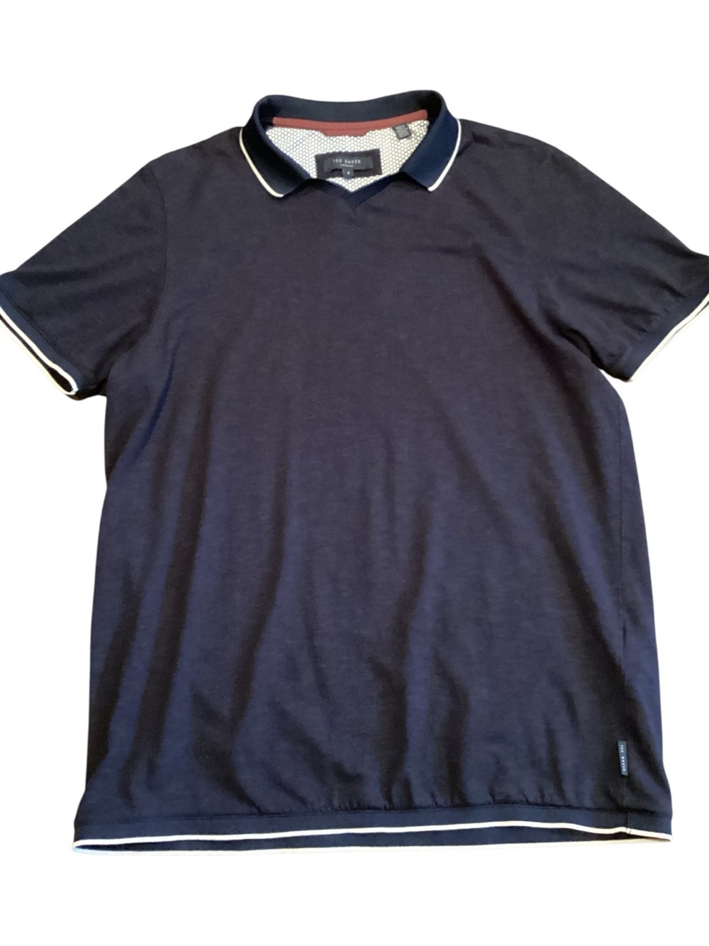 Ted Baker London Navy Knit Polo Shirt Contrast Trim Banded Hem Size 4 Large